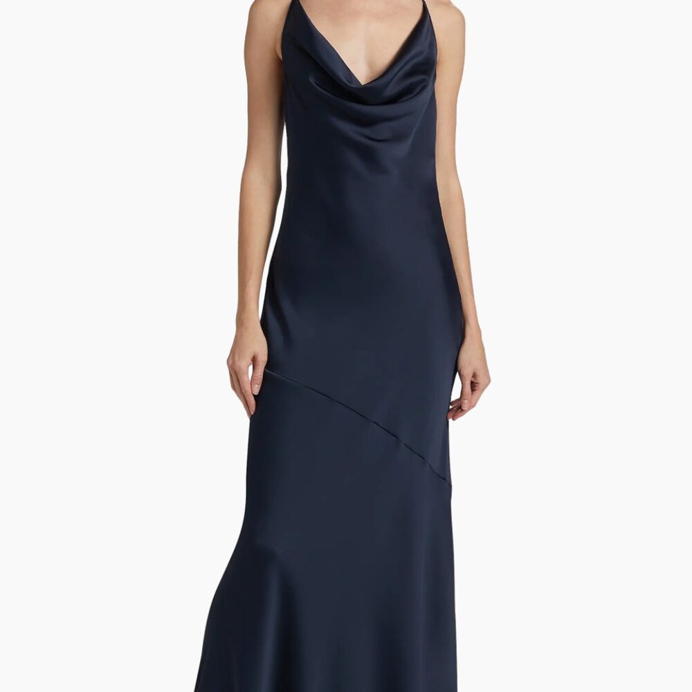 Haleigh Charmeuse Cowl Neck Gown Maxi Dress Navy Blue 6 NWT $595